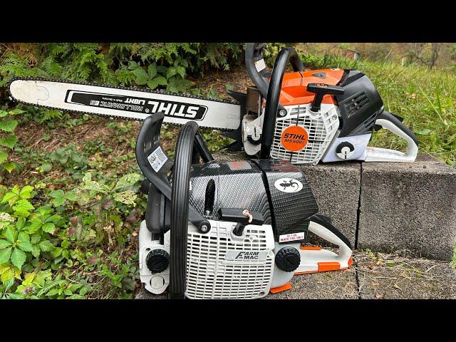 STIHL ms500i WITH BOLT ON MODS vs. PORTED AND MACHINED NEOTEC FARM MAC F660VW