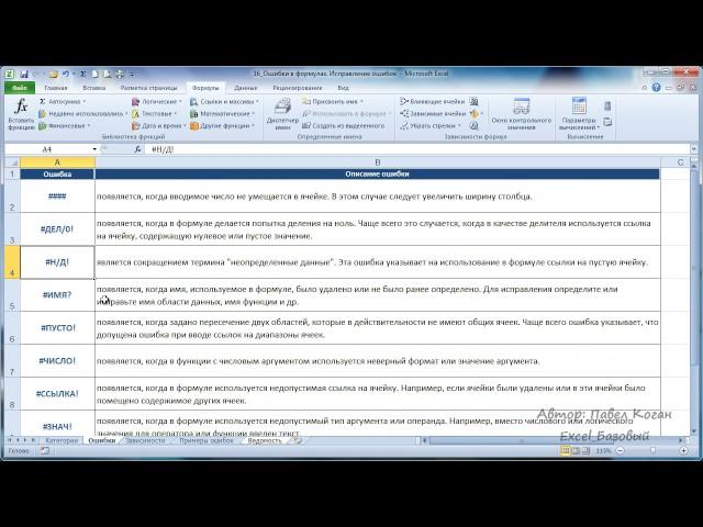Курс Excel_Базовый - Урок №16 Виды ошибок. Исправление ошибок