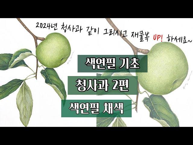 색연필기초/청사과 2편/색연필 채색편/색연필 보태니컬아트 기초/colored pencils botanical art / 초록색 다양하게 사용하는 방법~!!