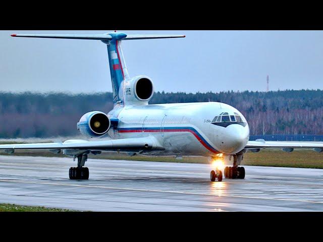 Tupolev Tu-154 taking off, late turning on the lights. Legendary aircraft in action.