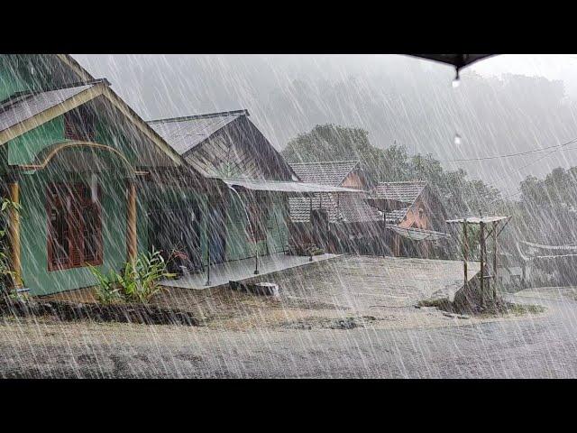 Extreme super heavy rain and thunderstorms in a beautiful village, walk in heavy rain 3 hours, sleep