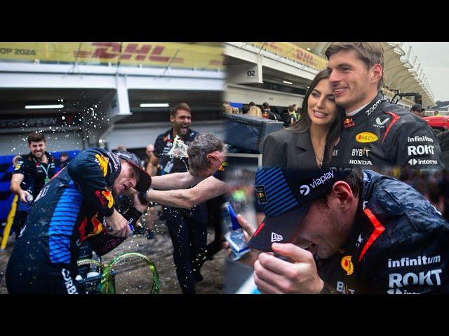 Max Verstappen gets showered with Redbull after his race win | Behind the scenes after the race