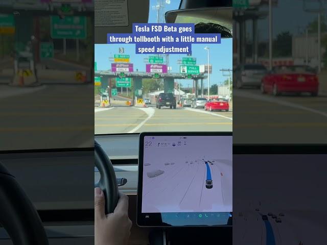 Tesla FSD Beta goes through tollbooth with a little manual speed adjustment #fsdbeta #tesla