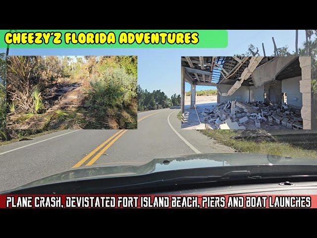 Plane crash site, Hurricane Milton devastation on fort island trail piers, boat launches and beach