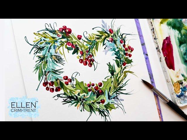 EASY watercolor Christmas Heart wreath/ DIY Christmas Card