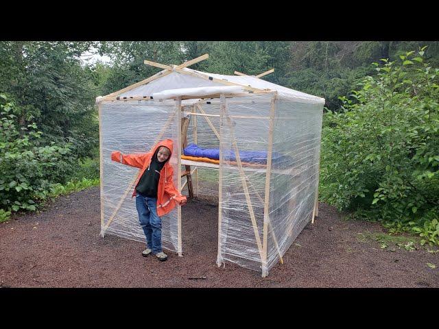 3 Days Camping in Cling Wrap Cabin - Crazy Bushcraft Shelter & DIY Greenhouse