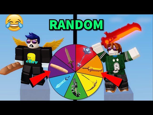 The wheel chooses our WEAPONS.. lol (Roblox Bedwars)