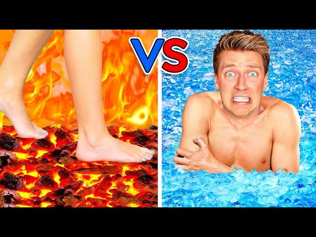 Walk on Fire or Swim Through Ice! Extreme Hot vs Cold Challenge - Last Girl To Leave Icy Pool Wins