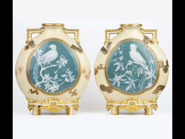 Rare Pair of Royal Worcester Porcelain Aesthetic Movement Moonflasks,  pate sur pate panels c.1875