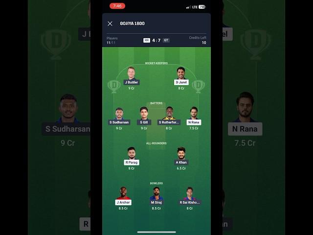 GT VS RR 3/4 crore win team dream11 firstrank team grand language #shorts #dream11