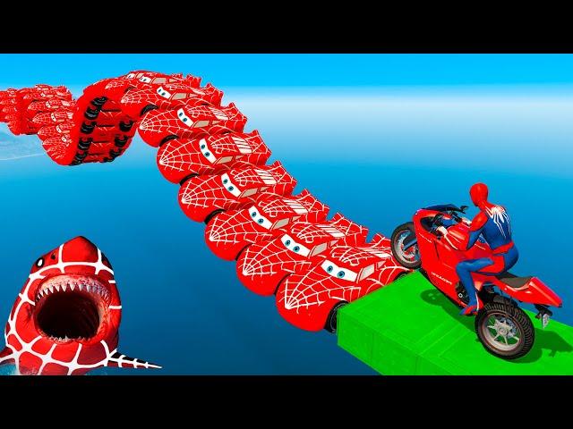 NEW EPIC STUNT RACE - ALL SUPERHEROES ON SPIDER MCQUEEN BRIDGE VS SPIDER SHARK In GTA V!