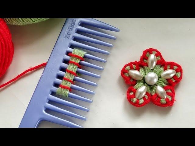 Super Easy Woolen Flower making with Hair Comb | Easy Hand Embroidery Flower Tutorial | Sewing Hack