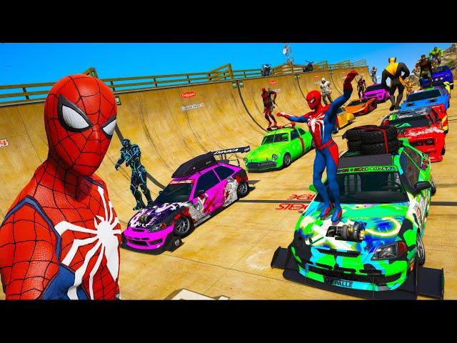 Homem Aranha e Heróis com Carros Epic Double Ramp New Challenge GTA V SPIDER-MAN and Music