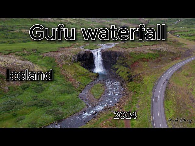 4K drone footage of Gufufoss waterfall. Iceland.