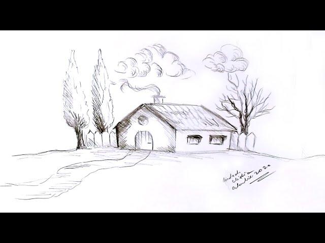 Desen in creion cu o casuta cu copaci de toamna | Pencil drawing of a little house with trees