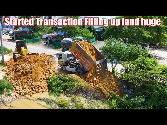 Started Transaction Filling up land huge, Bulldozer KOMATSU DR51PX Push Soil & Stone Into Water