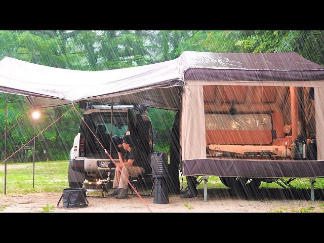  Relaxing camping in the heavy rain  Holidays in automatic tent trailers