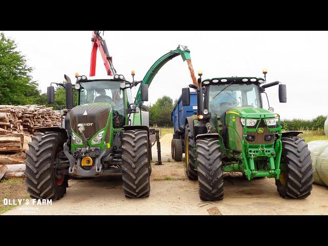 WOOD CHIP HARVEST WITH THE FENDT TRACTOR AND HUGE CHIPPER!