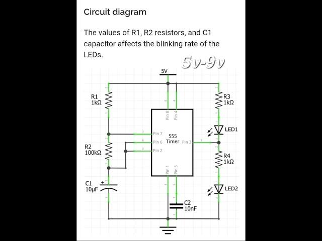 #electronicThe values of R1, R2 resistors, and C1 capacitor affects the blinking  LEDs.5V-2025