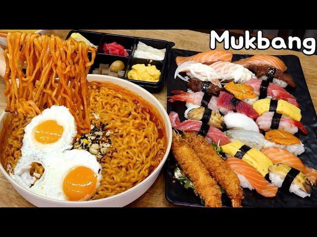 Couple Mukbang│Eating various Sushi with spicy stir-fried Noodles.