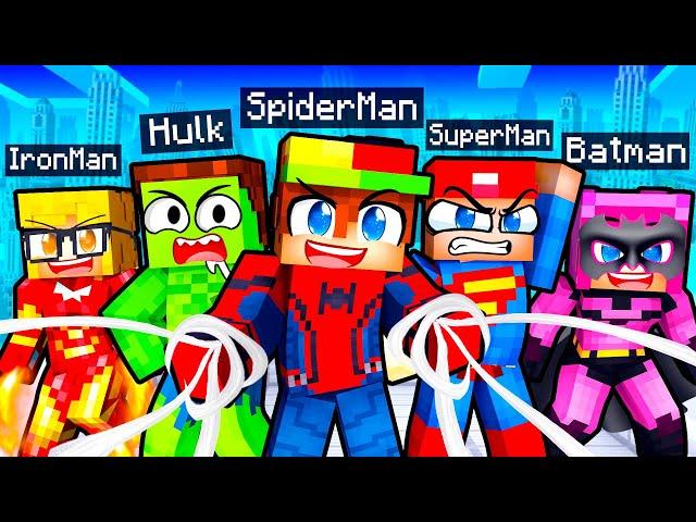 10 FRIENDS on one SUPERHERO BLOCK In Minecraft!