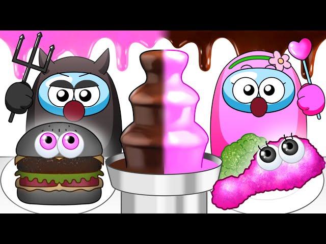 Black VS Pink Chocolate Fondue Challenge - ANIMATION MUKBANG