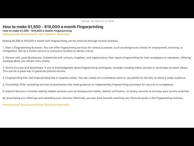 Make $1,500 - $10,000 a month Fingerprinting #sethjyoutube #youtubesethj #sjyt #sjadvice #sjwmedia