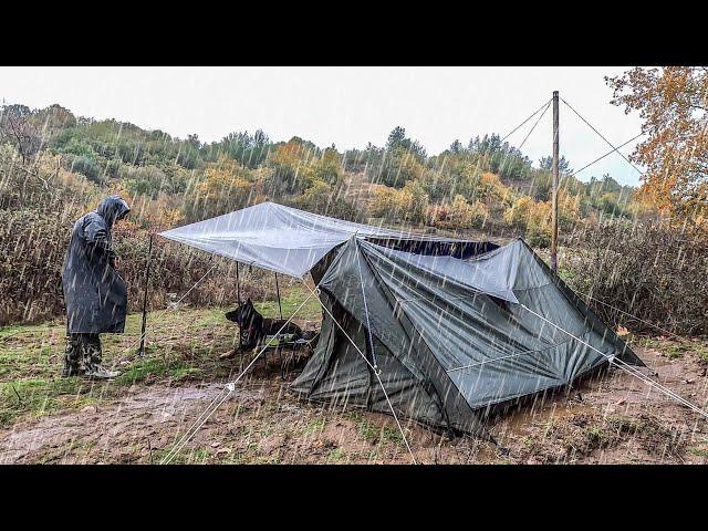 Camping in Heavy Rain with Hot Tent with 2 Rooms and Patio