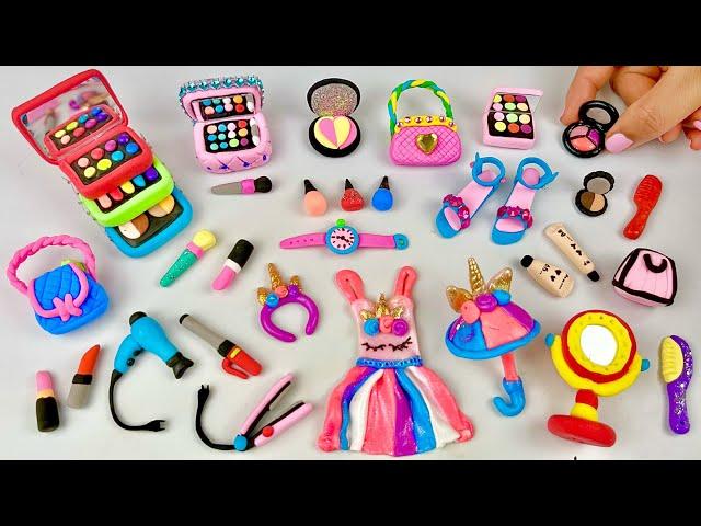 DIY How to Make Polymer Clay Miniature Makeup Set with Unicorn Dress, Eyeshadow, Lipstick | Dolliyon