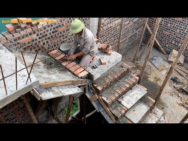 Workers Construct And Complete Modern Concrete Stairs - Using Sand, Iron, Gravel And Cement Bricks