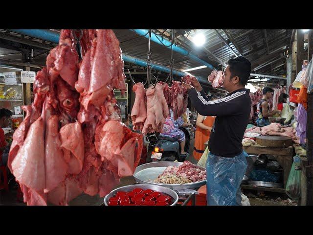 Cambodian Vegetable Market Scene - Daily Lifestyle Of Vendors In Market, Cutting Pork Selling