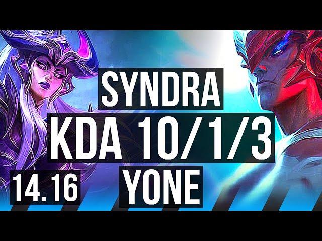 SYNDRA vs YONE (MID) | 10/1/3, 6 solo kills | NA Master | 14.16