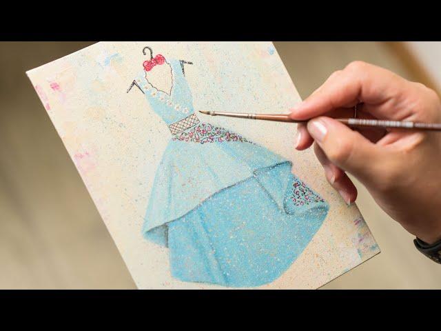 Beautiful Blue Dress Sketch with Flowers - Acrylic painting / Homemade Illustration