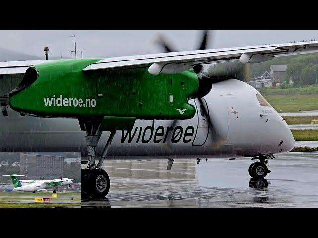 Widerøe Dash-8 400 rainy departure from Tromsø Airport