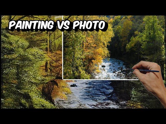 How To Paint Realistic Autumn Forest and River Lanscape Time Lapse| Acrylic Trees art|Eps76