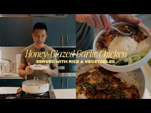 HONEY-GLAZED GARLIC CHICKEN (SERVED WITH RICE & VEGETABLES)