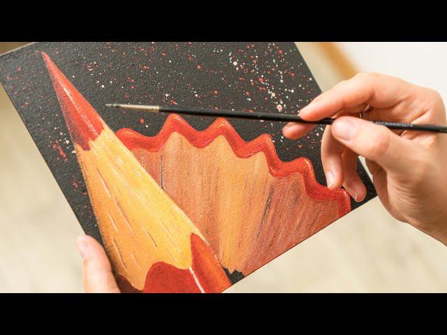 Acrylic painting Red Pencil in Shavings / Black and Red - Homemade Illustration