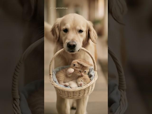 Golden Retriever Gently Carries Basket of Sleeping Kittens