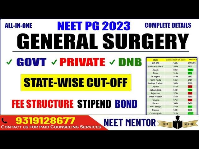 NEET PG 2023  General Surgery state wise cut off for Govt DNB Private Colleges Fee Stipend Bond