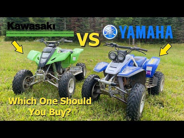 Budget Quad Battle! Kawasaki KFX 400 VS. Yamaha Warrior 350. Full comparison and riding.