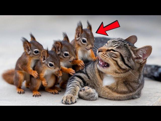 Tiny Squirrels Lost Their Mother Grow Up With A Cat - Now They Become Inseparable.