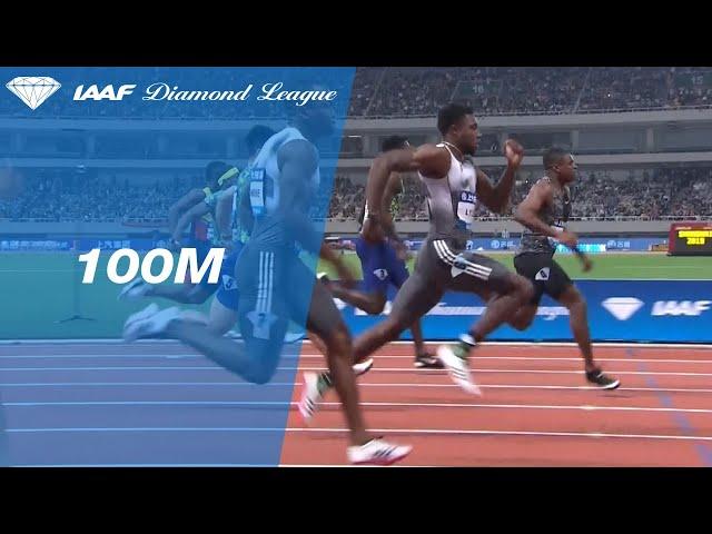 Noah Lyles catches Christian Coleman at the line in the 100m at Shanghai - IAAF Diamond League 2019