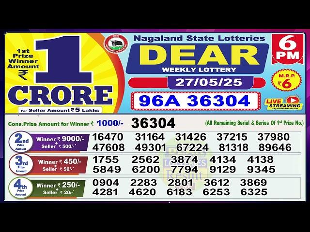 Dear Lottery Sambad Evening 6 PM today 27.05.25 Nagaland State Lottery Result