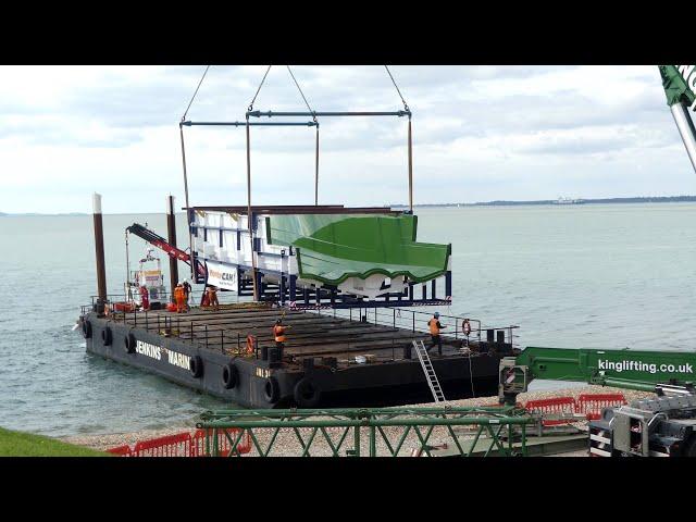 Princess motor yacht mould lifted onto a barge at the slipway Lee on Solent. Friday 4th October 2024