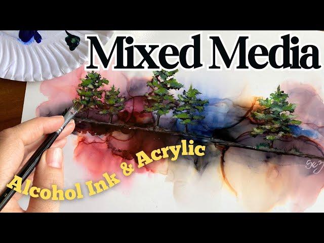 Mixed Media Painting of Pine Trees | Acrylic and Alcohol Ink  #alcoholink #acrylic  #paintwithme