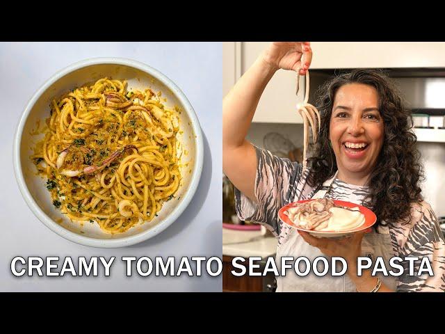 20-Minute Creamy Tomato and Seafood Pasta – with Squid!