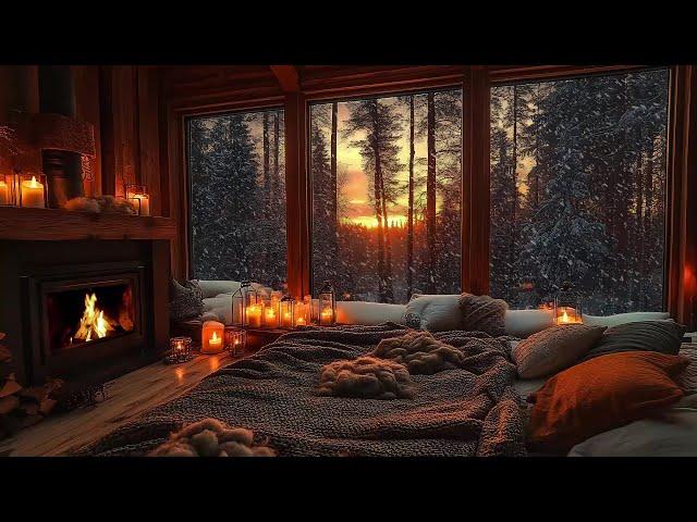 Tranquil Cabin Nights  Soft Jazz, Snowfall & Fireplace Sounds for Calm and Comfort