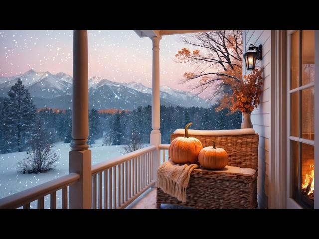 First Snowfall Ambience ️ Cozy Winter Porch with Falling Snow & Relaxing Fireplace Sounds