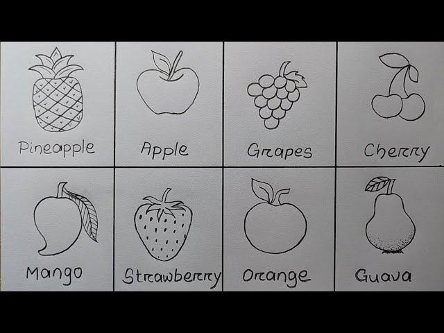 Different types of Fruits drawing easy| How to draw 8 different types of Fruits|Fruits Chart drawing