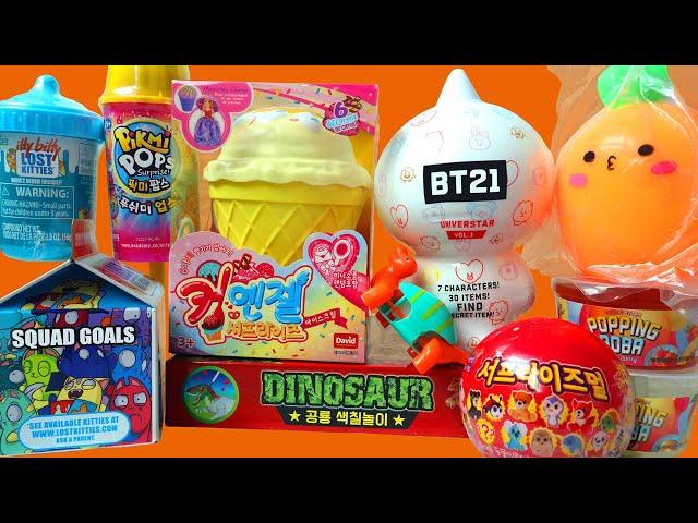 MANY Blind toys,  BTS toy, cup ANGEL, PIKMI pops, lost KITTIES, surprizamals, SQUISH ball, DINOSAUR